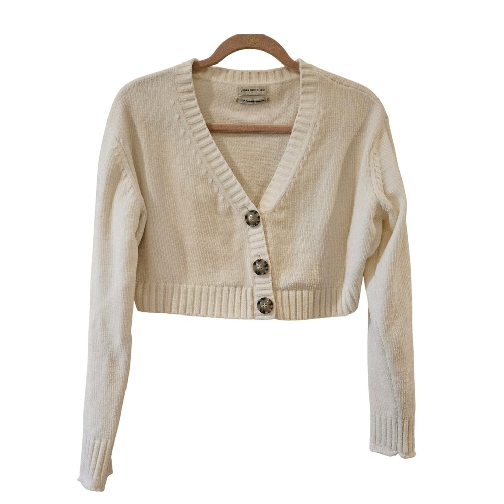 Urban Outfitters‎ Cream Chenille Cropped Cardigan Sweater Womens V Neck Small